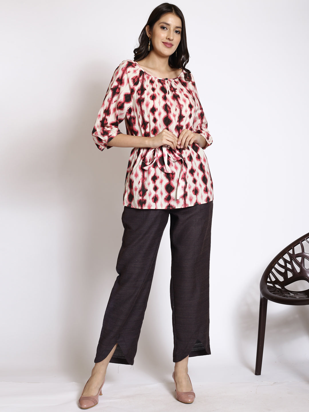 Abstract Printed Belted Georgette Top