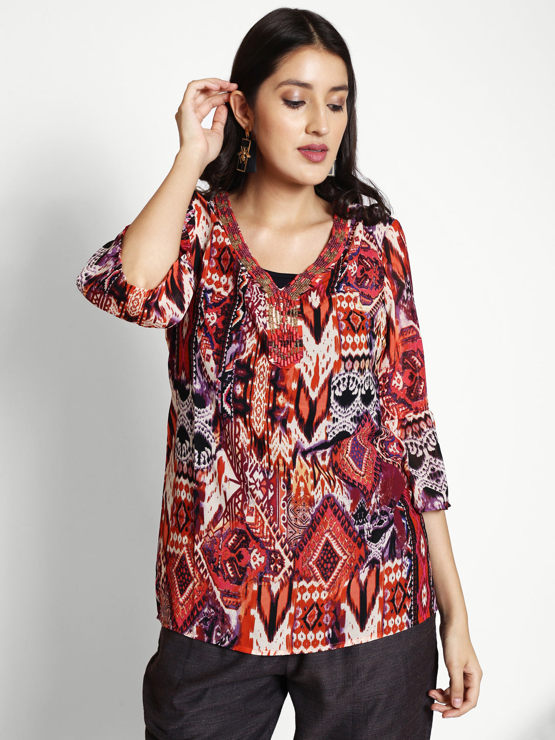 Ethnic Motifs Printed Bell Sleeves Beads & Stones Regular Top
