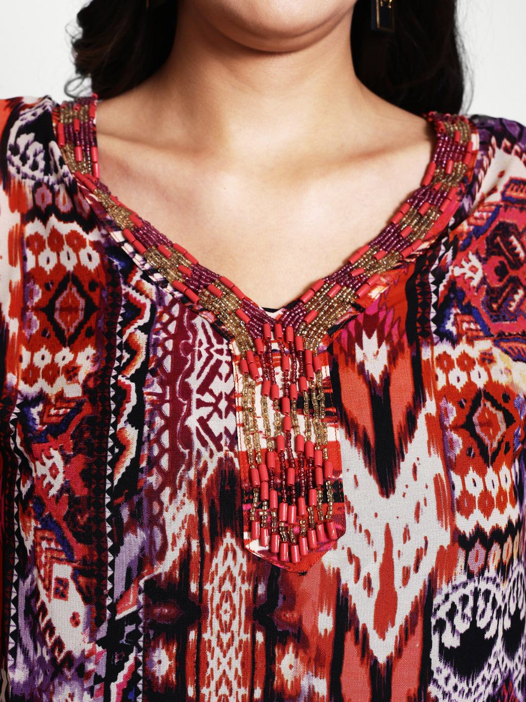 Ethnic Motifs Printed Bell Sleeves Beads & Stones Regular Top