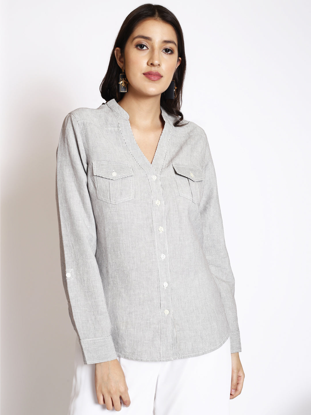 Pinstriped Mandarin Collar Cotton Casual Shirt