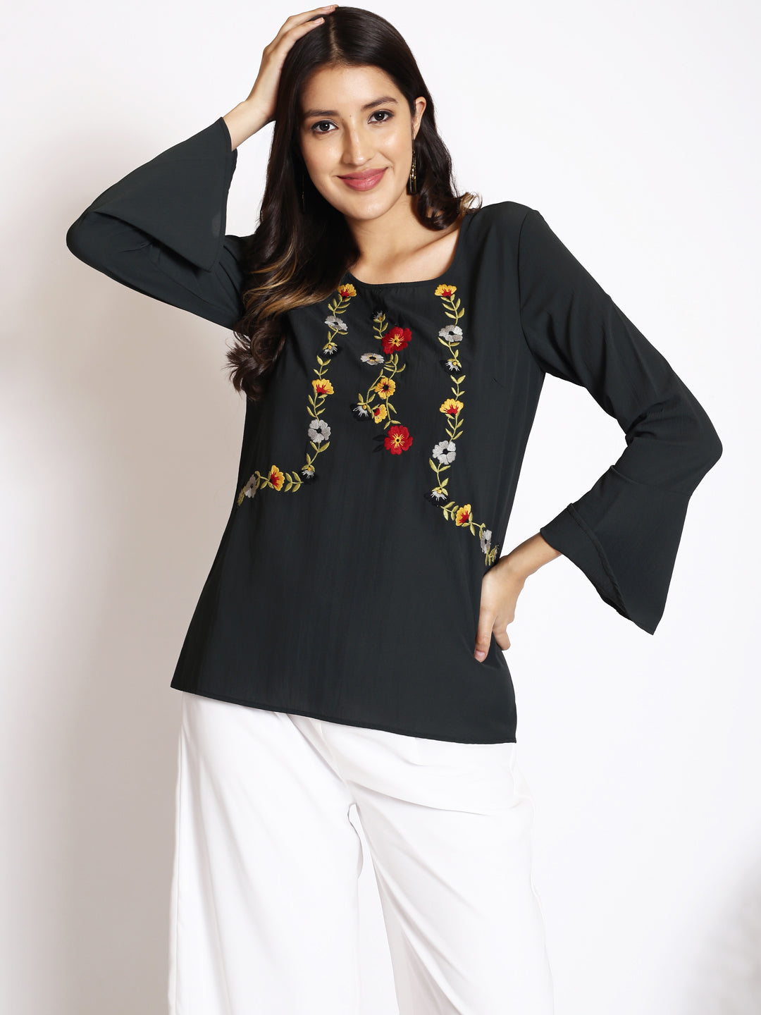 Floral Embroidered Bell Sleeve Georgette Top