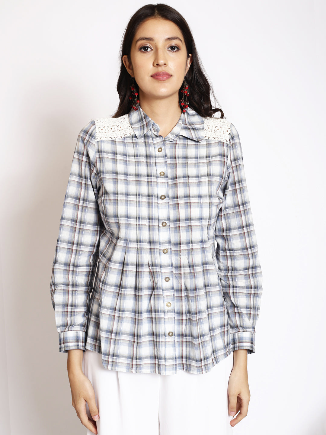 Tartan Checked Lace Cotton Casual Shirt