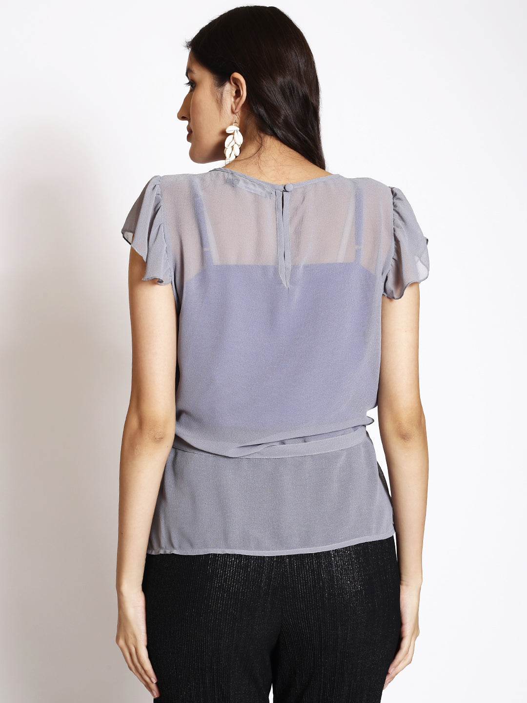 Round Neck Flutter Sleeve Ruffles Regular Top
