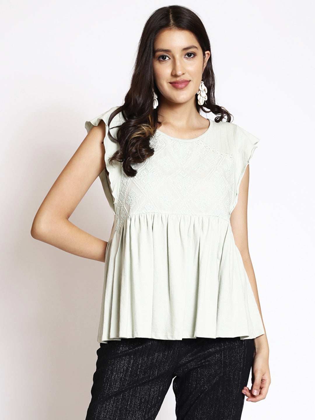 Geometric Embroidered Round Neck Flared Sleeve Gathered A-Line Top