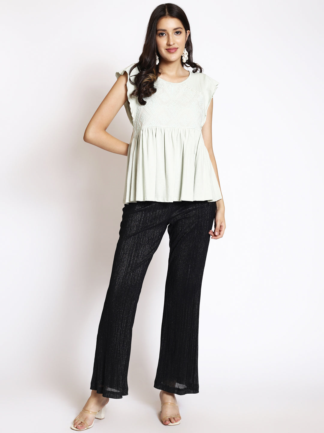 Geometric Embroidered Round Neck Flared Sleeve Gathered A-Line Top