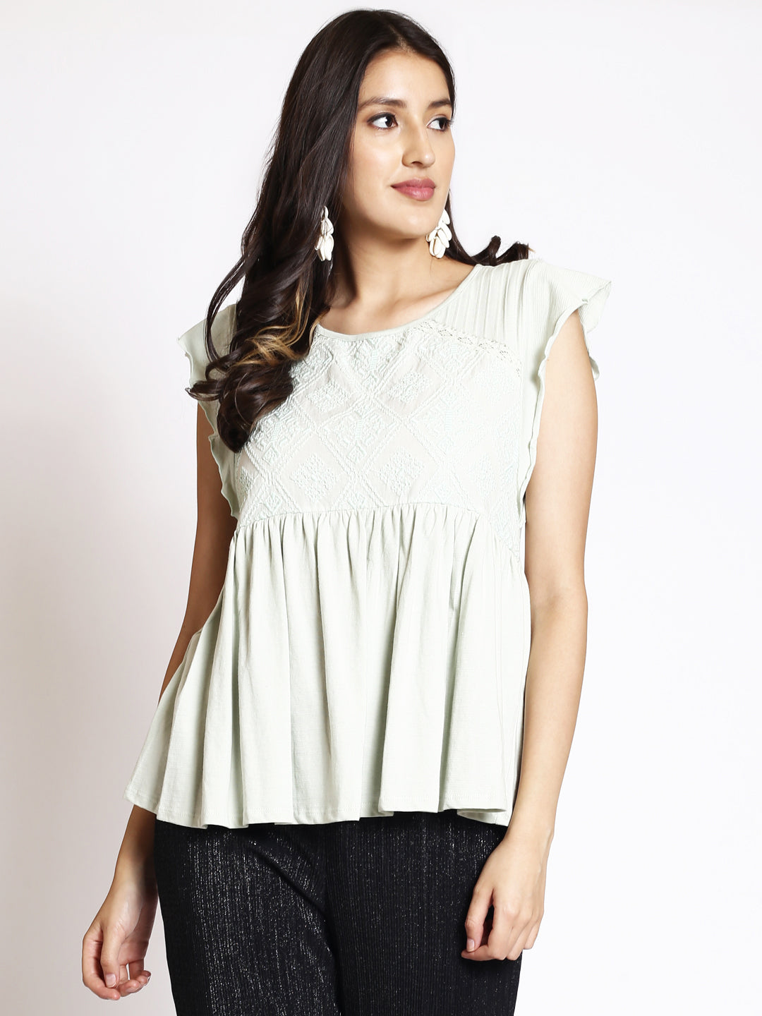 Geometric Embroidered Round Neck Flared Sleeve Gathered A-Line Top