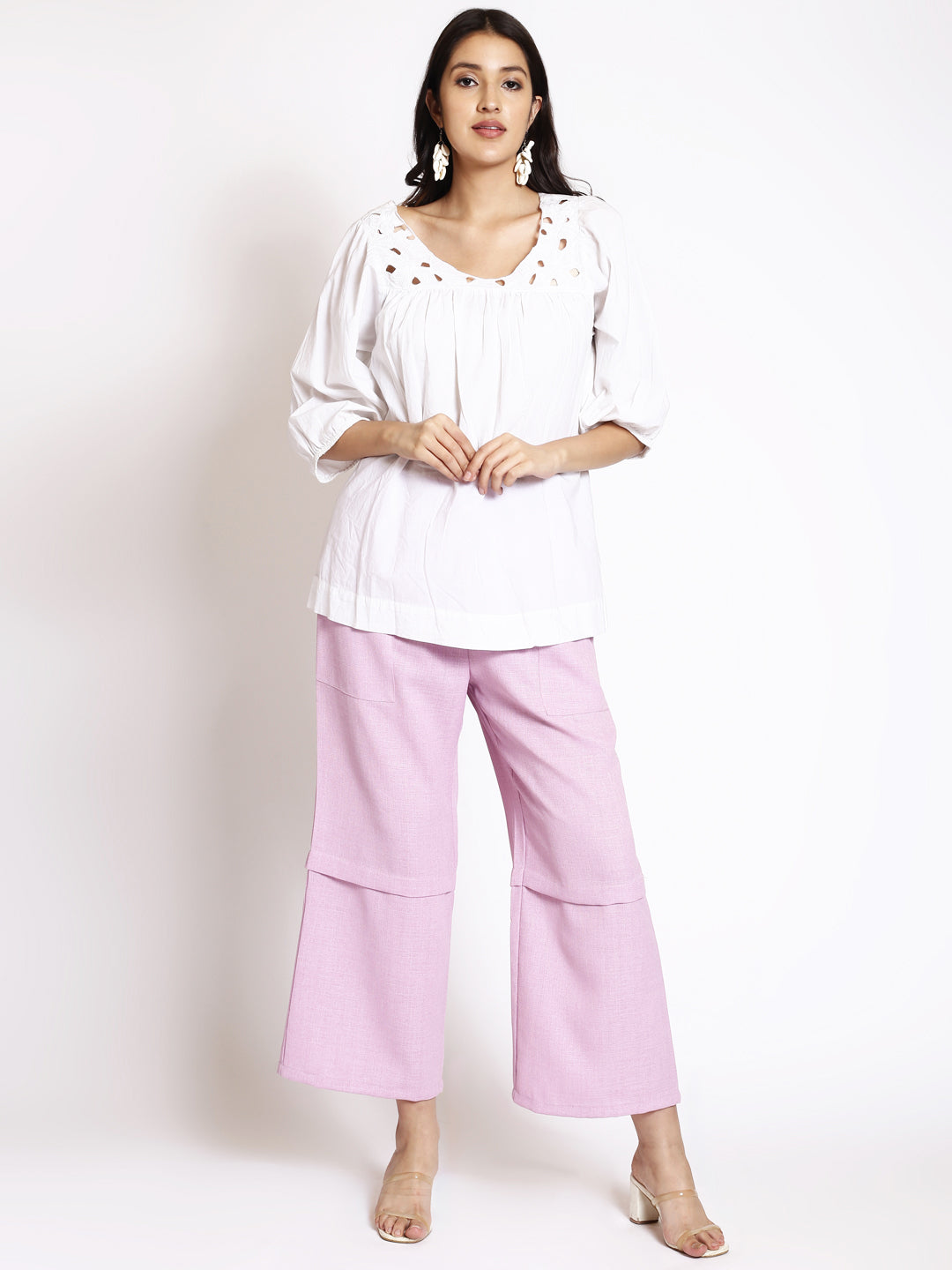 Round Neck Puff Sleeve Cut-Outs Cotton Regular Top