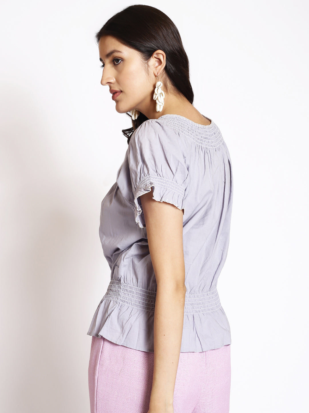 Floral Embroidered Tie-Up Neck Puff Sleeve Gathered Cotton Cinched Waist Top