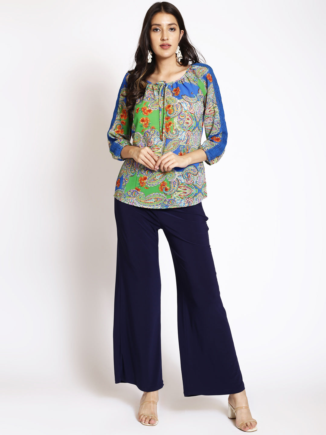 Ethnic Motifs Printed Tie-Up Neck Raglan Sleeves Lace Inserts Top