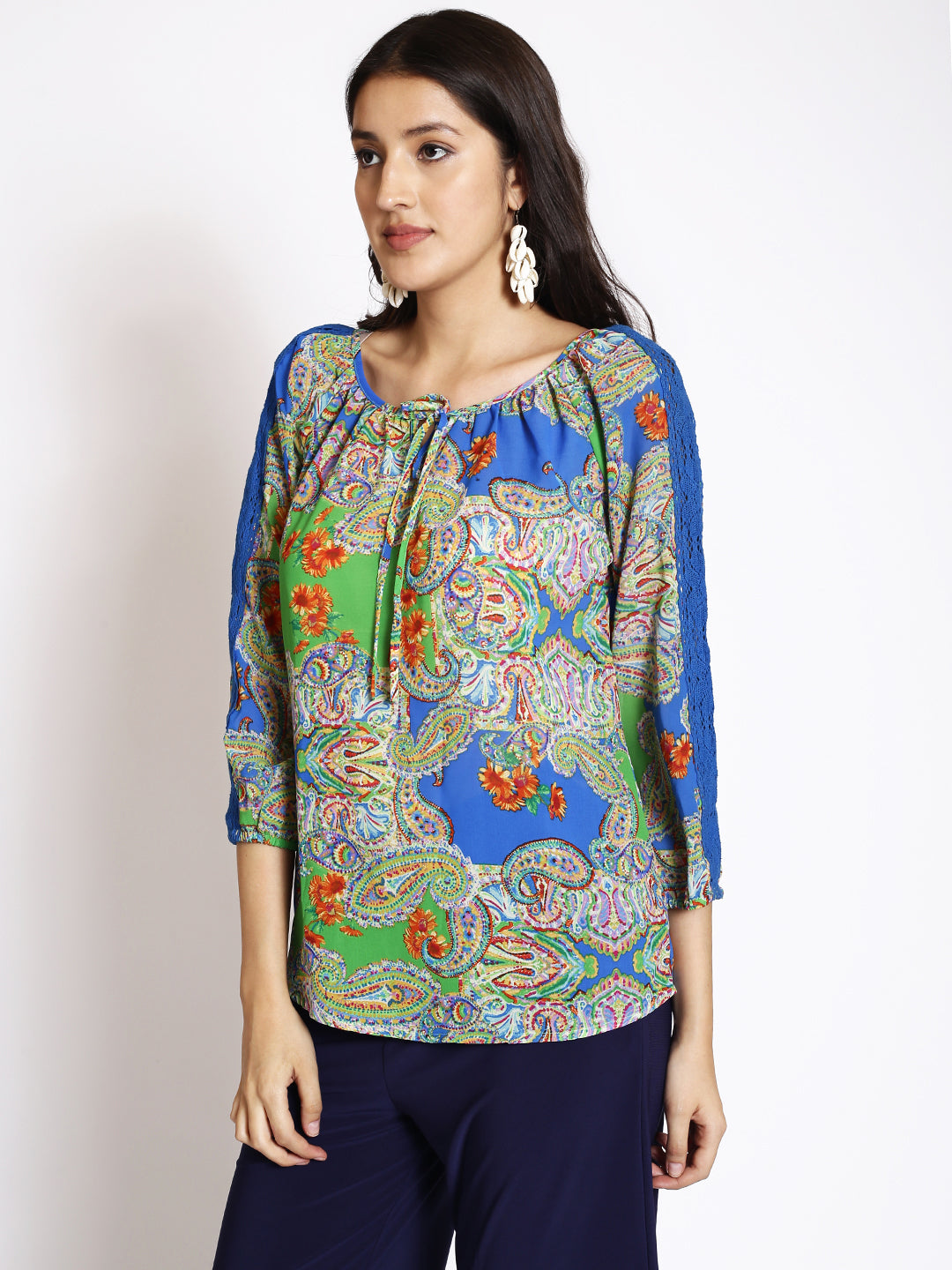 Ethnic Motifs Printed Tie-Up Neck Raglan Sleeves Lace Inserts Top