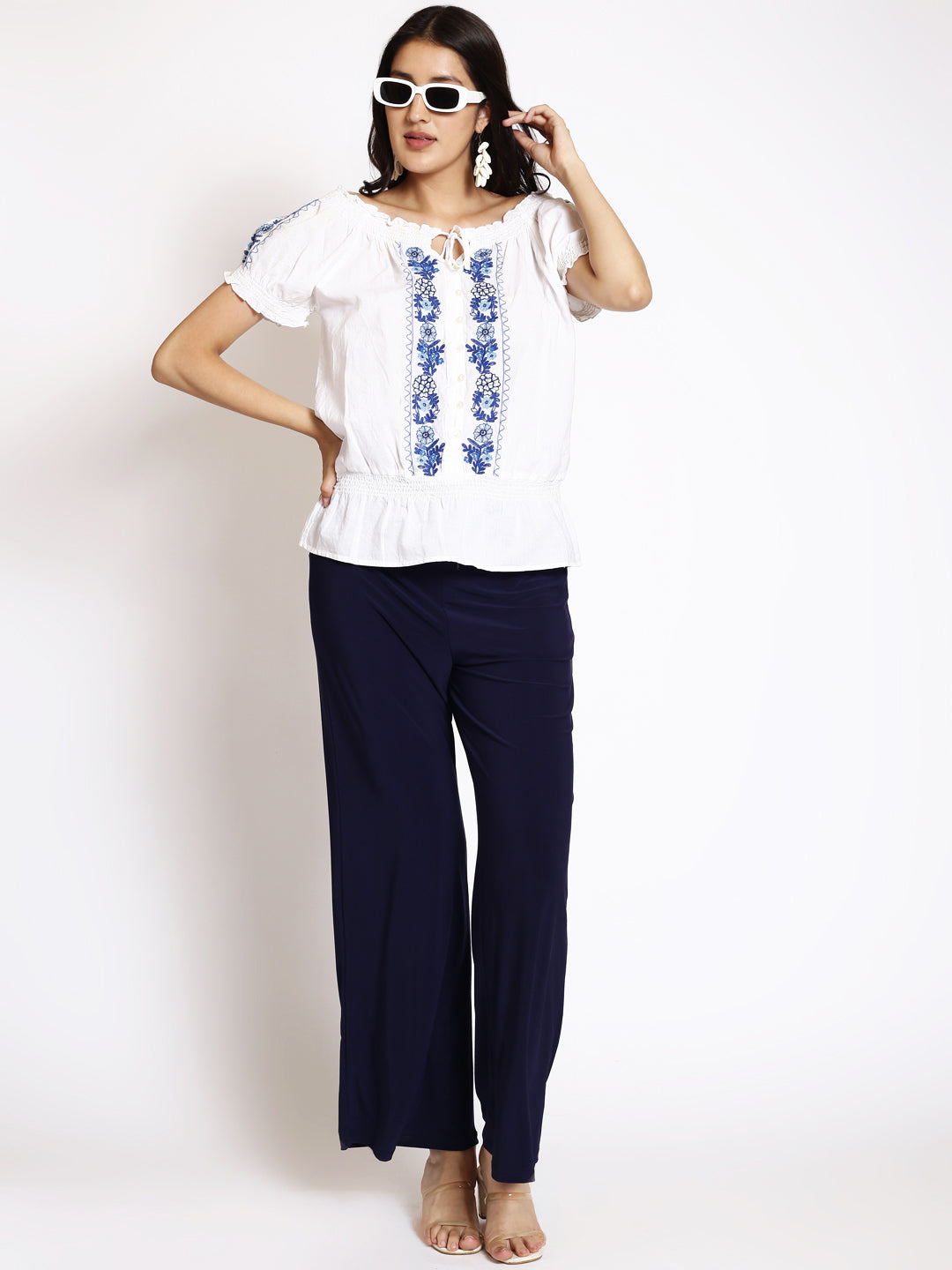 Floral Embroidered Gathered Cotton Blouson Top