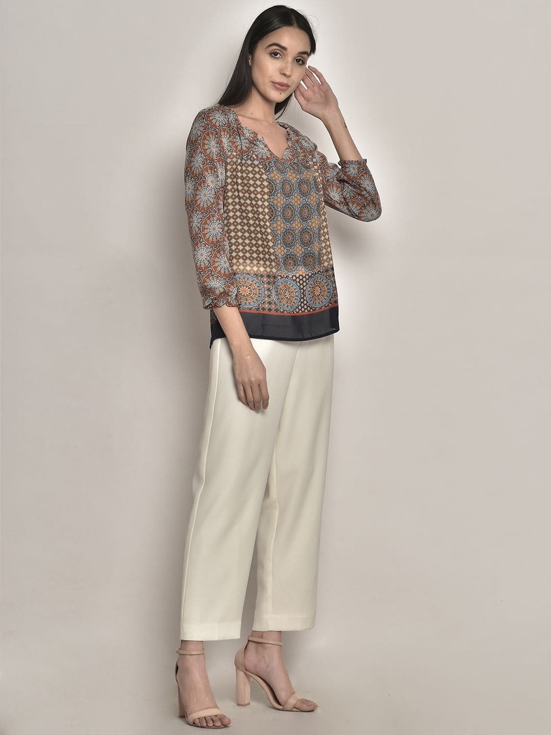 Floral Print Top with Cuffed Sleeves