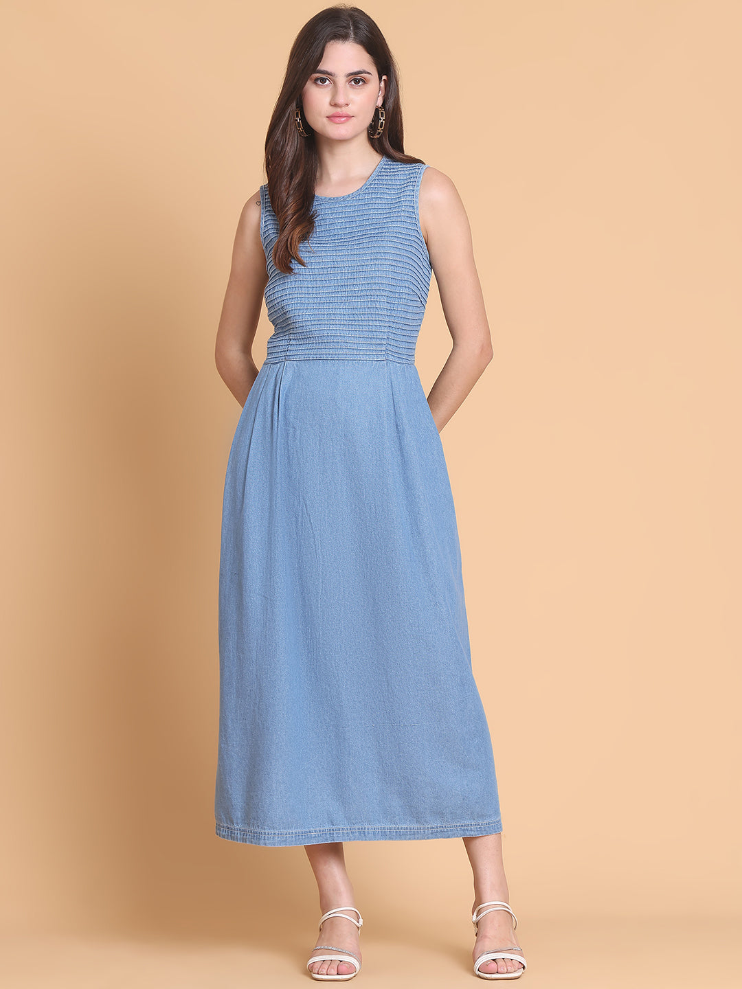 Blue Denim Midi Stretch Dress