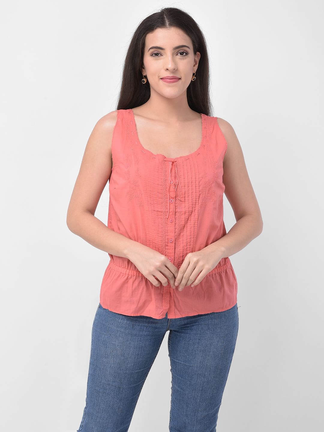 Women Scrunch Waist Detail Pink Embroidered Sleeveless Top