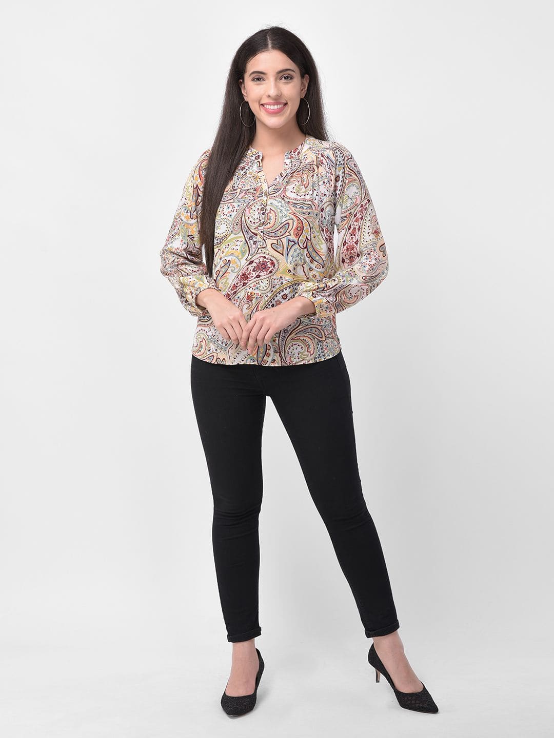 Paisley Print mandarin collar Printed Top