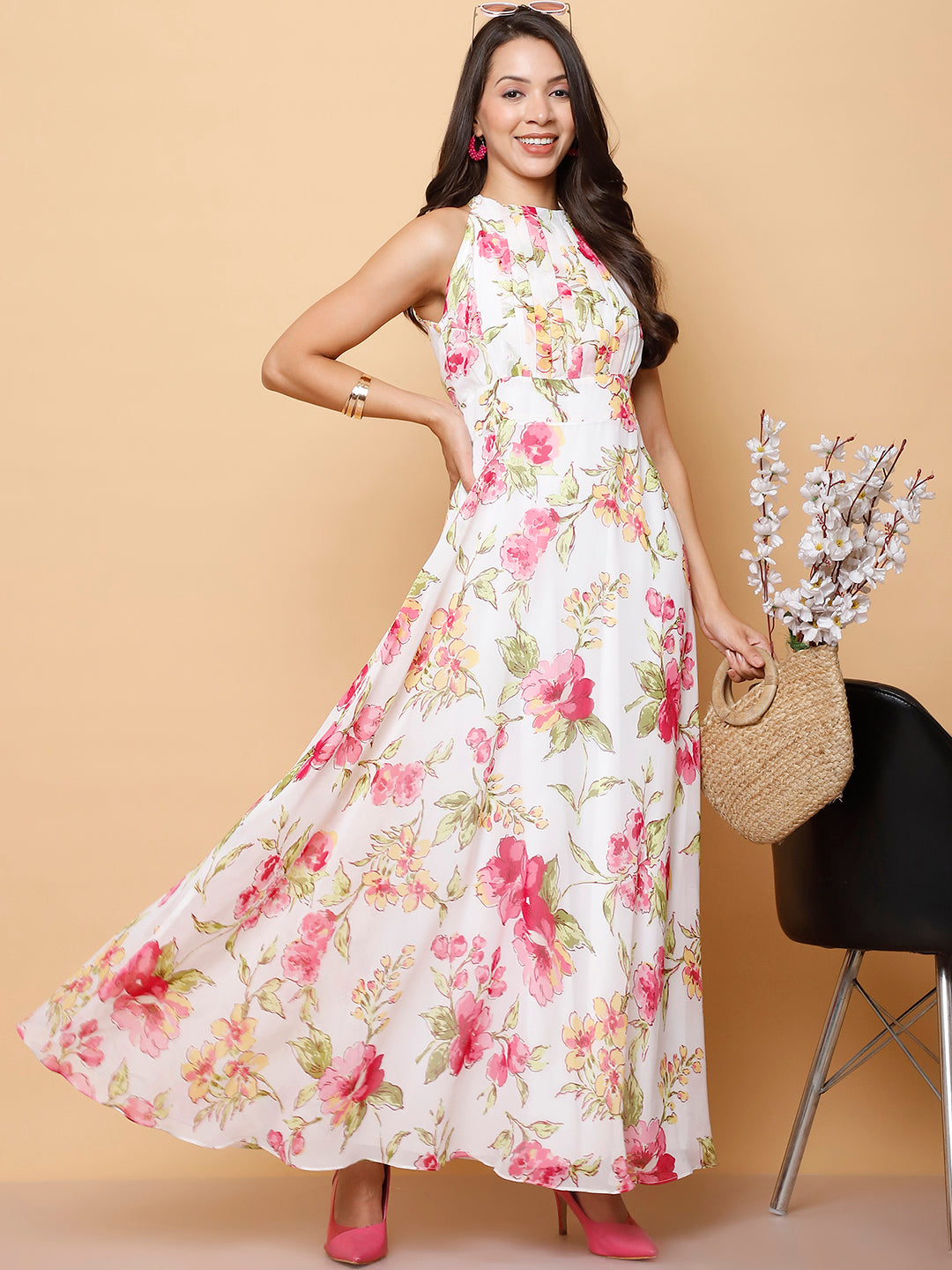 Fit Flare Halter Neck Maxi Dress