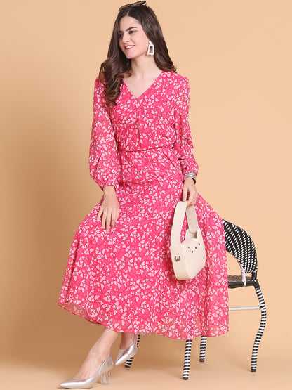 Puff Sleeve Georgette Fit & Flare Maxi Dress