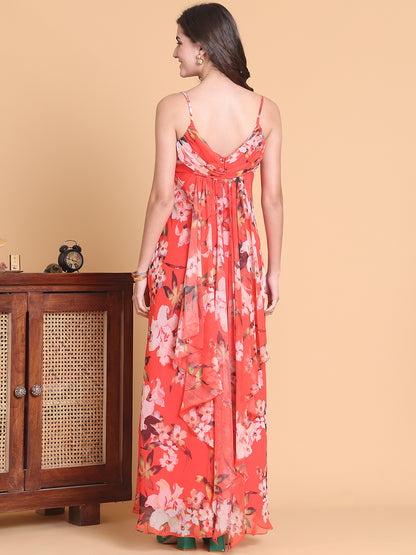 Red Floral Strappy Neck Chiffon Dress