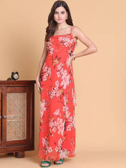 Red Floral Strappy Neck Chiffon Dress