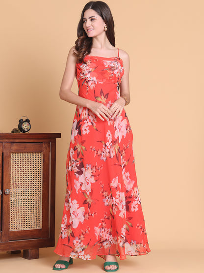 Red Floral Strappy Neck Chiffon Dress