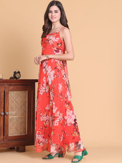 Red Floral Strappy Neck Chiffon Dress