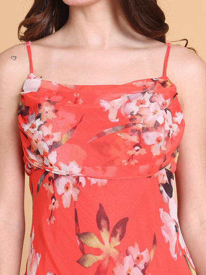 Red Floral Strappy Neck Chiffon Dress