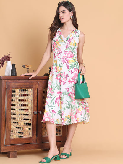 White Floral Printed Midi Dress