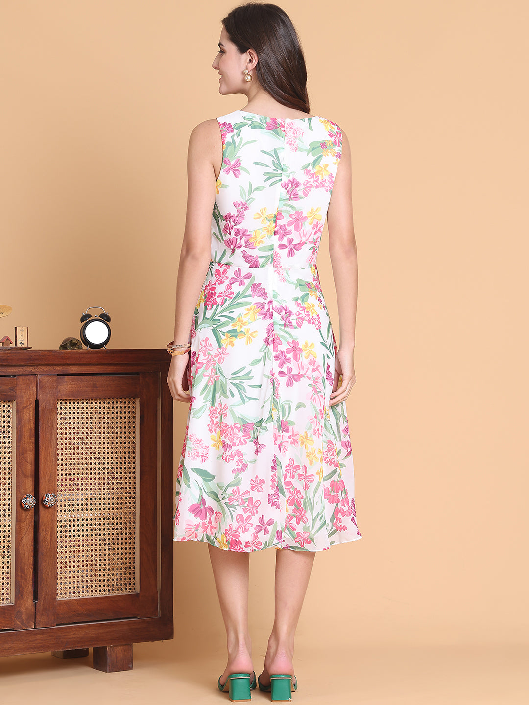 White Floral Printed Midi Dress