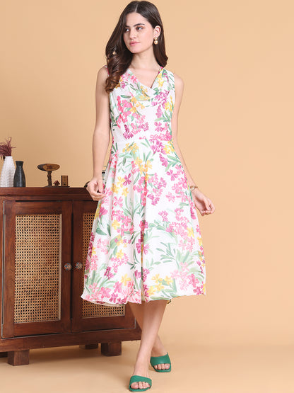 White Floral Printed Midi Dress