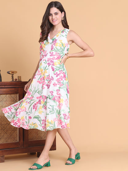 White Floral Printed Midi Dress