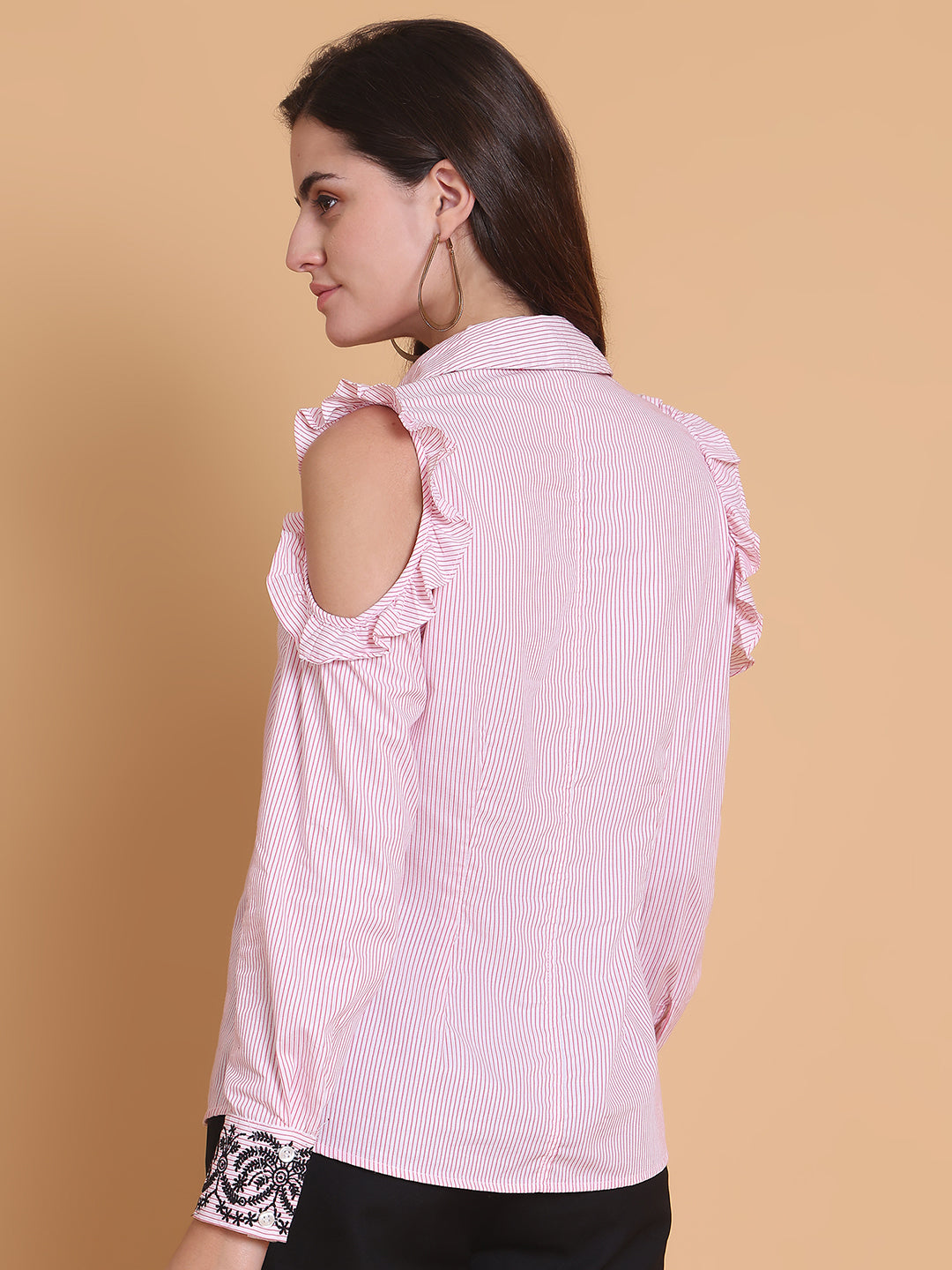 Cotton Striped Cold Shoulder Shirt with Embroidery