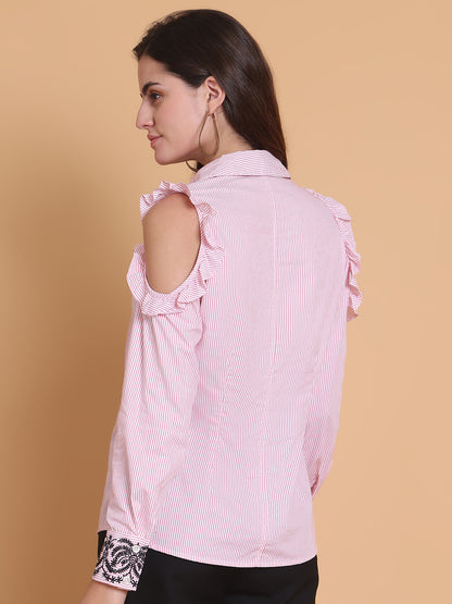 Cotton Striped Cold Shoulder Shirt with Embroidery