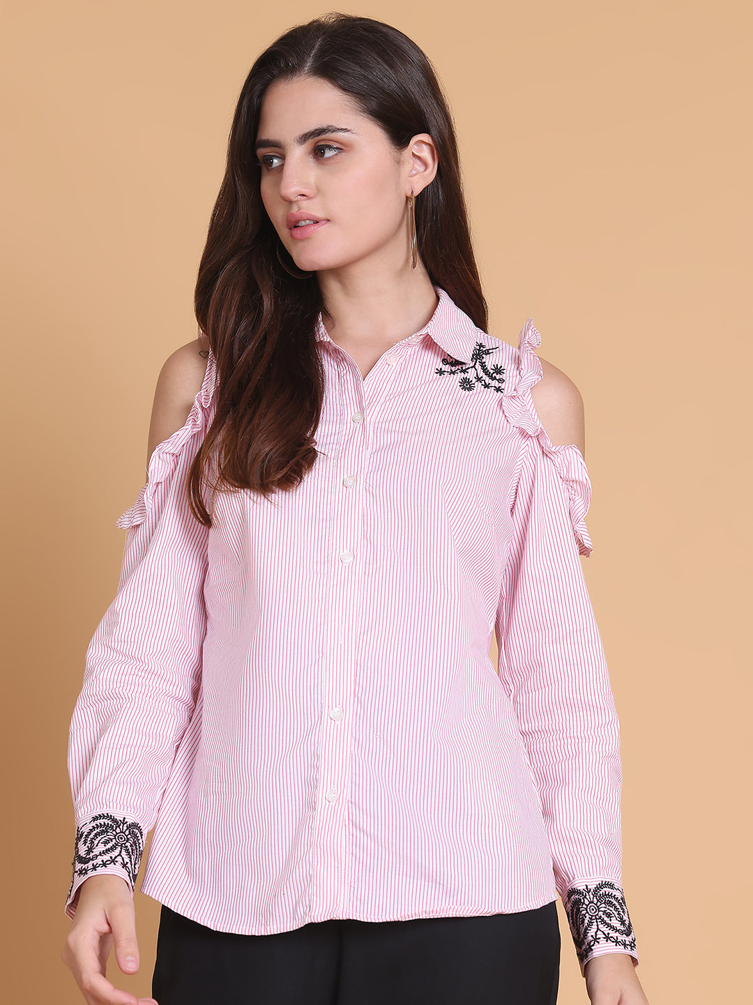 Cotton Striped Cold Shoulder Shirt with Embroidery