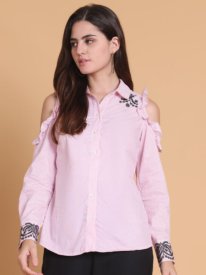 Cotton Striped Cold Shoulder Shirt with Embroidery
