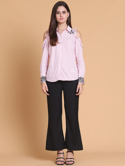 Cotton Striped Cold Shoulder Shirt with Embroidery