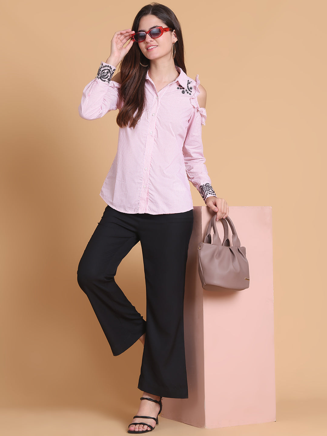 Cotton Striped Cold Shoulder Shirt with Embroidery