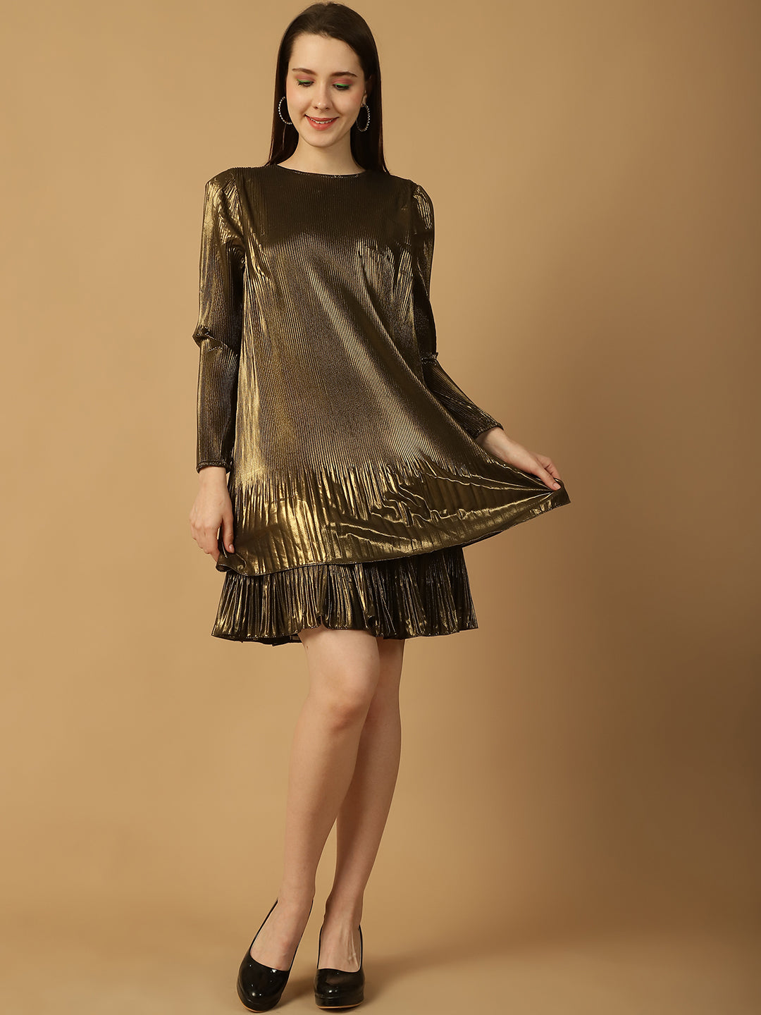 Pleated Shimmer Frill Hem Swing Dress