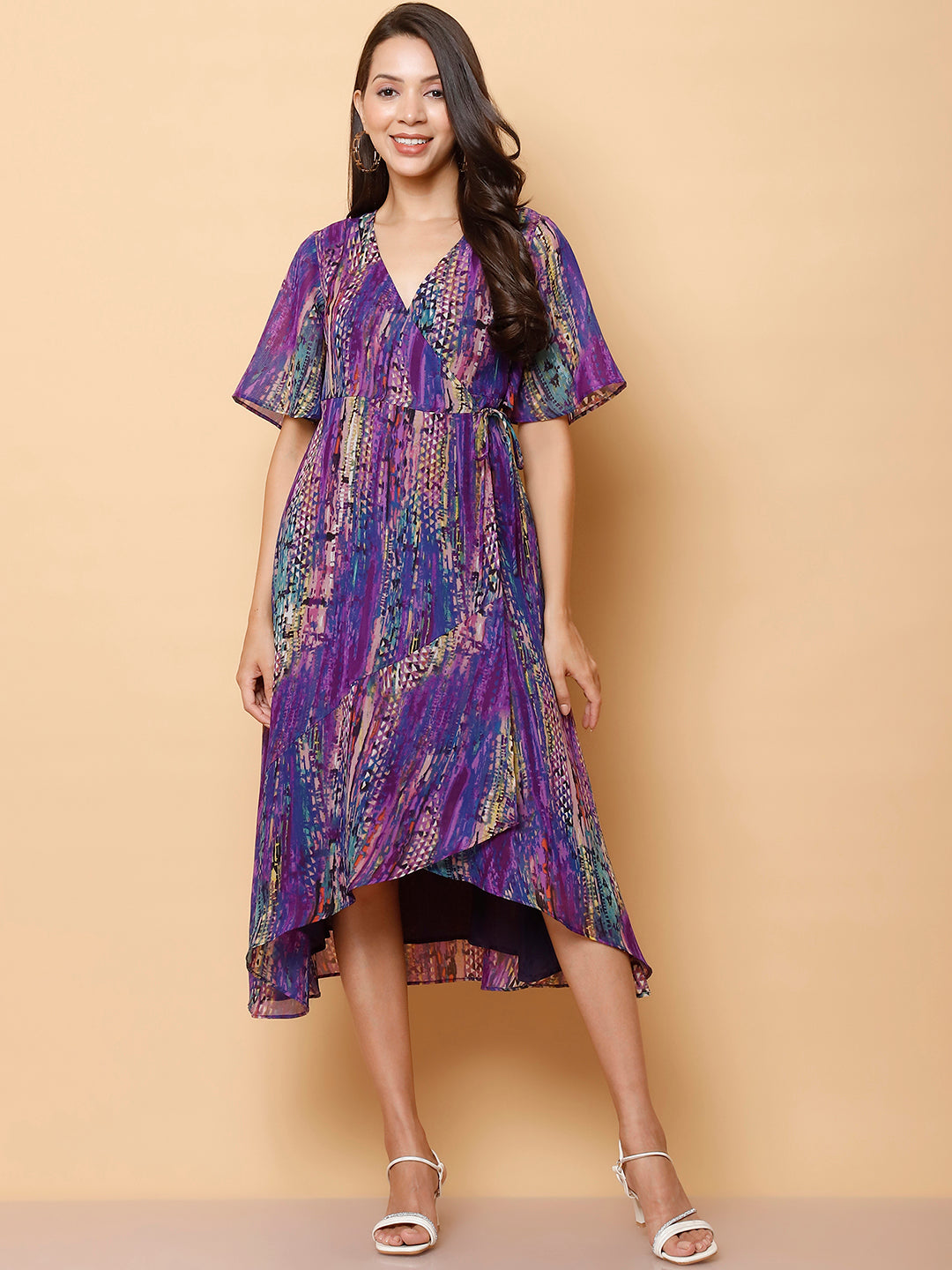 Purple Floral Wrap Midi Dress with High-Low Hem
