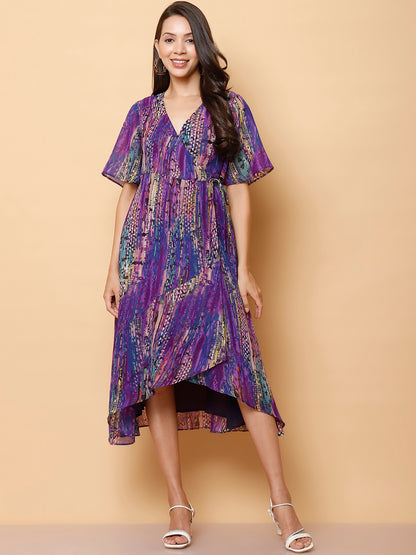 Purple Floral Wrap Midi Dress with High-Low Hem