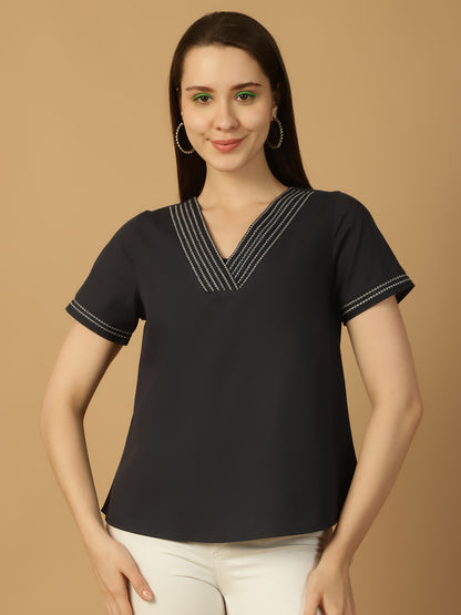 Navy Pintuck Cotton Top