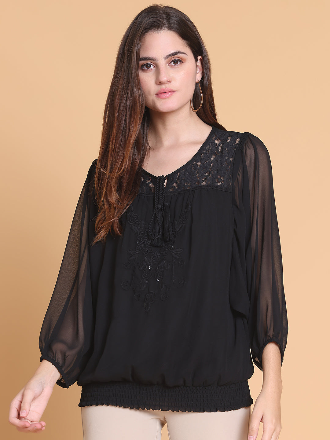 Women's Black Embroidered Boho Top
