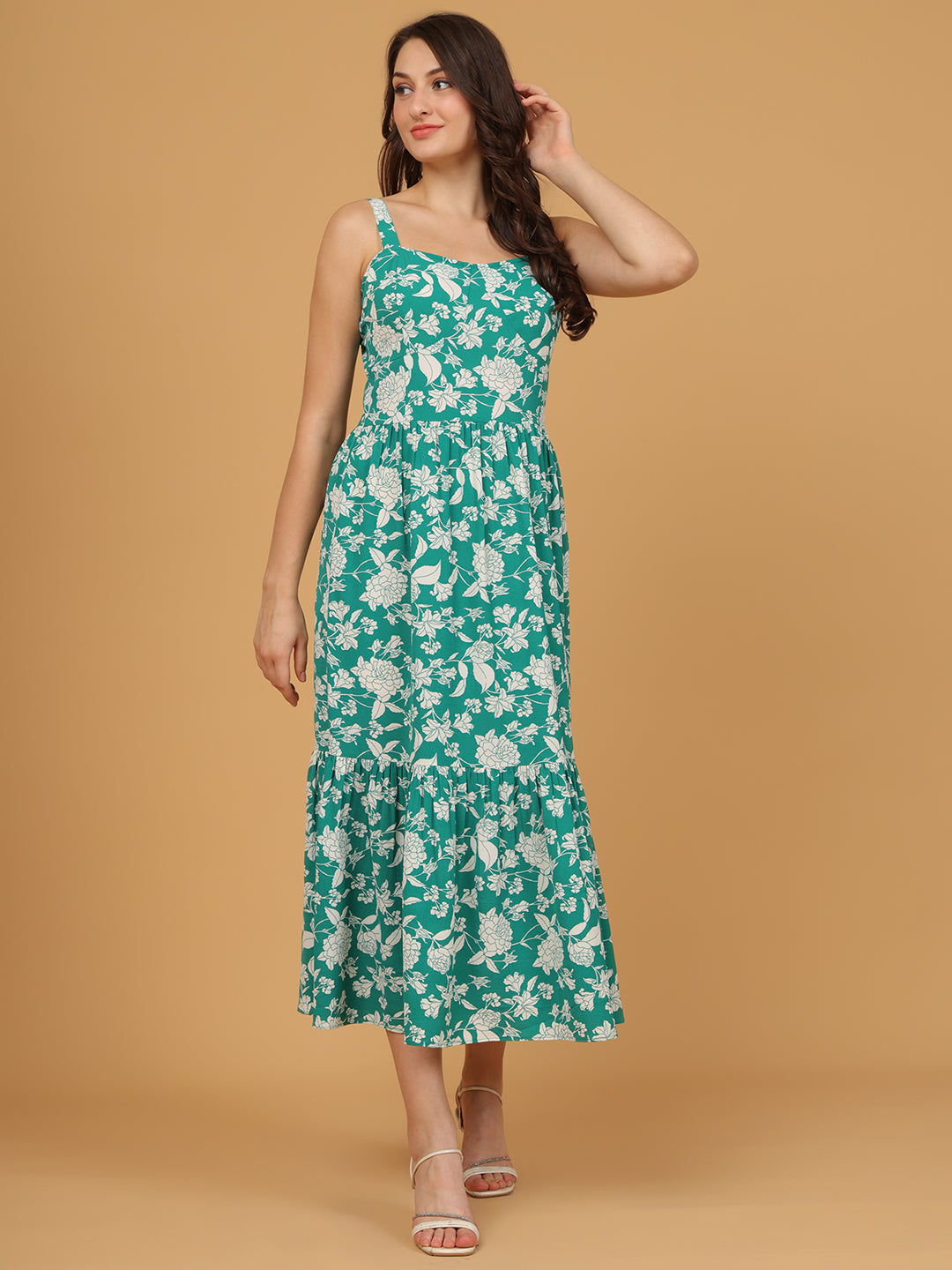 The Emerald Bloom Tiered Midi Dress