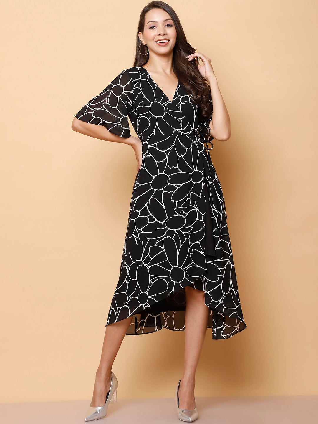 Black Floral Wrap Midi Dress with High-Low Hem