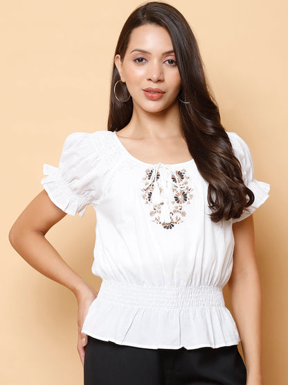 Elasticized Neck Smocked Waist Top