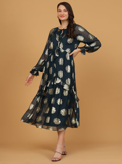 Floral Print Tie-Up Neck   Fit & Flare Midi Dress