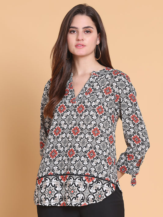 Floral  Geometric Print V-Neck Top with Ruffle Hem