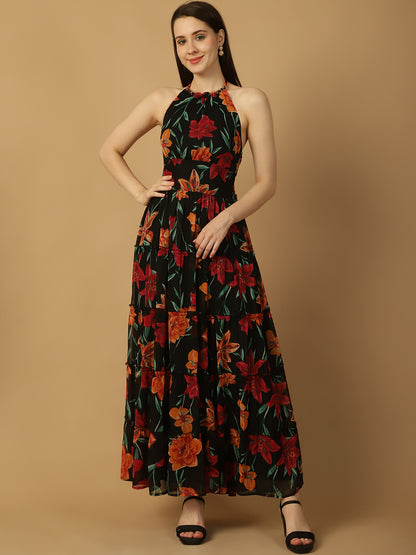 Black Floral Print  Maxi Dress
