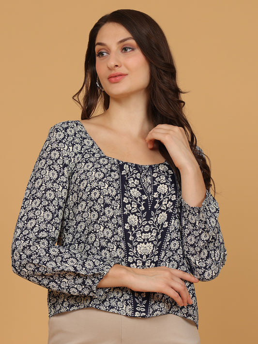 Floral Print Square Neck Top with Tie-Back Detail