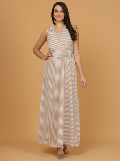 Beige & White Striped Wrap Maxi Dress