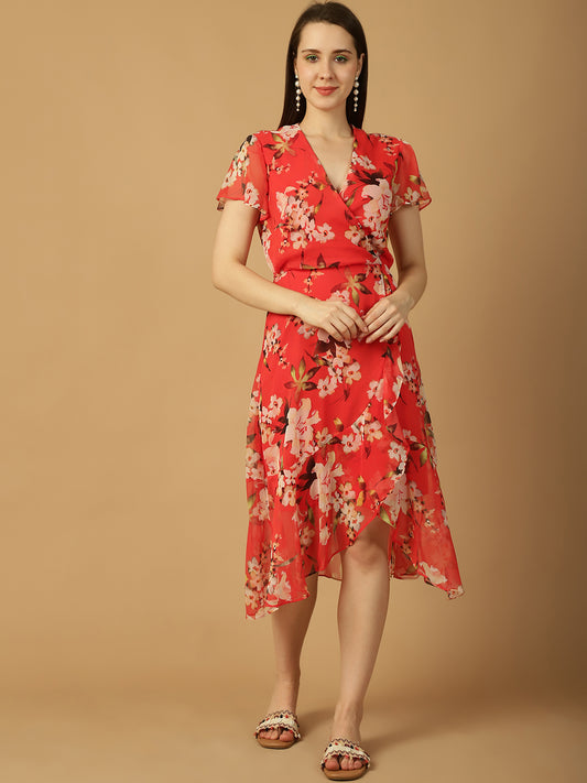 Floral Print Chiffon Wrap Dress